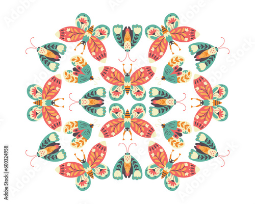 Moth seamless pattern. A butterfly decorated with a collection of flowers. Hand drawn doodle illustration in simple scandinavian style. Pastel palette. Vector on a white background.
