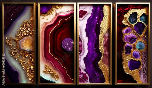 Wall frames, Golden and Purple (spangle, mythical, concord, grape, ruby shade, kismet) liquid marble, Generative AI