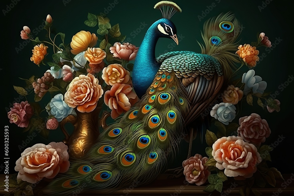 bright color floral with exotic oriental pattern flowers and peacocks illustration background. 3d abstraction wallpaper for interior mural wall art decor.