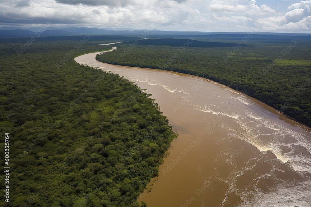 View from above, stunning aerial view of a river flowing through a green tropical forest