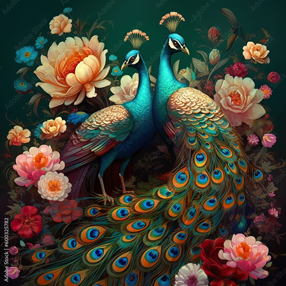 bright color floral with exotic oriental pattern flowers and peacocks illustration background. 3d abstraction wallpaper for interior mural wall art decor.