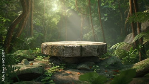Stone platform pedestal in tropical forest for product presentation and green forest 