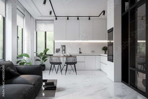 Realistic 3D render beautiful morning in a modern kitchen room minimalist black and white