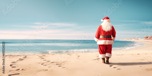 santa claus on the beach. tropical christmas holidays. banner with copy space. generative AI