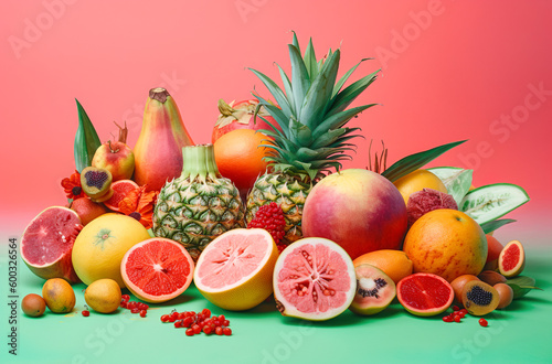 Summer fruit creative concept exotic refreshing flavor, fresh delicious fruit. A healthy summer snack. Illustration, Generative AI. © Ljuba3dArt
