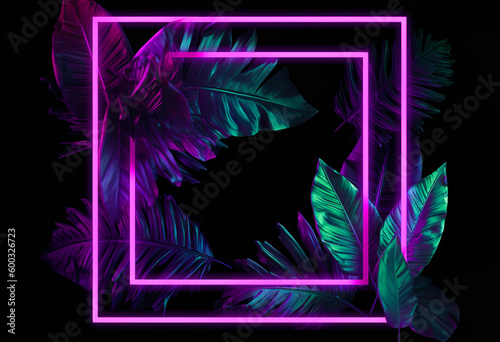 Jungle creative neon light, cyber frame on fresh palm leaves with copy space. Urban, futuristic background concept. Flat lay. Illustration, Generative AI.