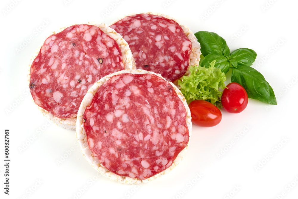 Milano salami sandwich, isolated on white background. High resolution image.