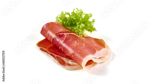 Slices of appetizing jamon. Raw ham. Isolated on white background.