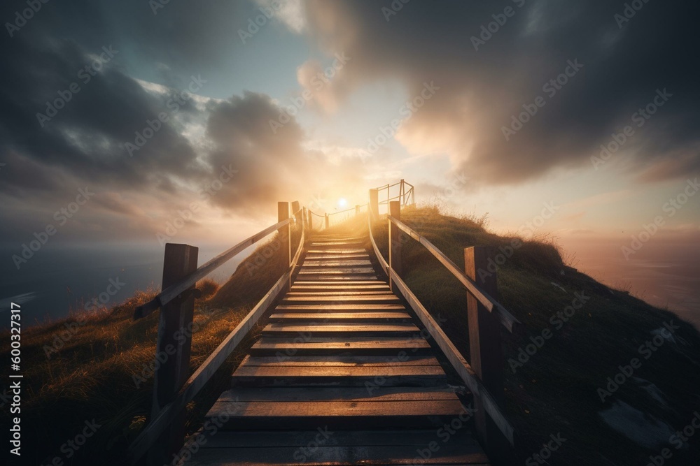 Outdoor stairway lit up by sunrise sky and clouds. Generative AI
