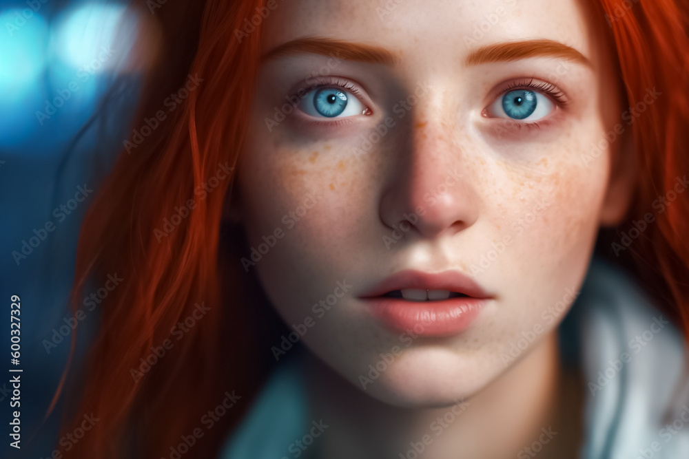 Fototapeta premium With her piercing blue eyes, freckle face and luscious red locks, this hyperrealistic fantasy portrait of a woman is truly mesmerizing. generative AI