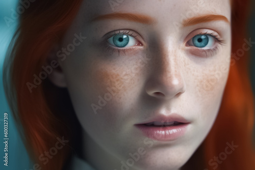 With her piercing blue eyes  freckle face and luscious red locks  this hyperrealistic fantasy portrait of a woman is truly mesmerizing. generative AI