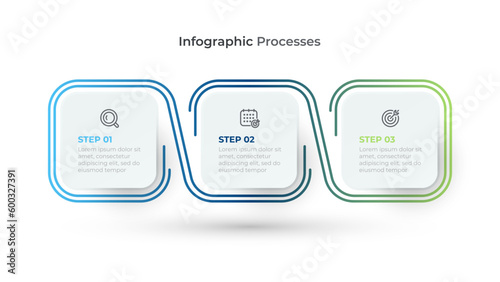 Vector Indographics. Processes label design with thin line and squares for 3 business steps, options.