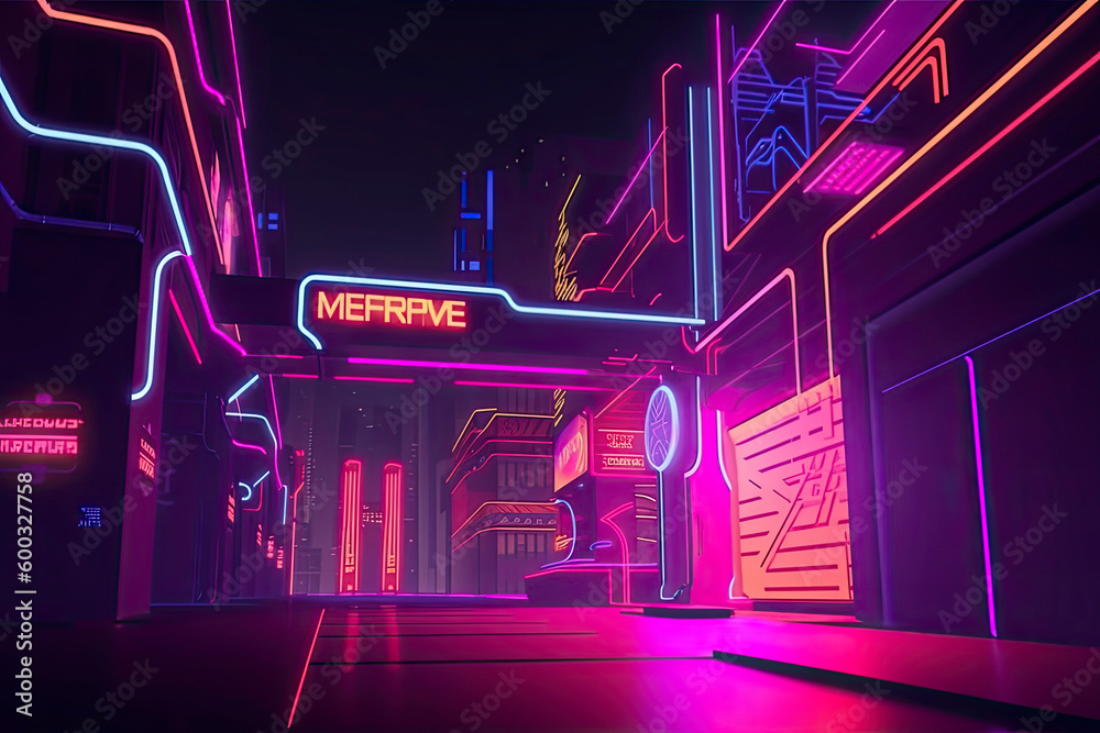 Entrance to metaverse virtual world with cyberpunk neon ligthing color scheme