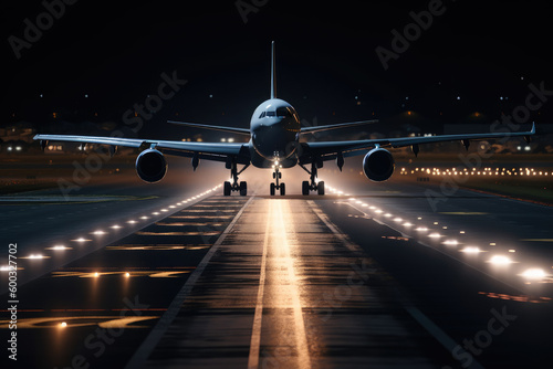 Airplane taking off, is landing on the runway nightlight. Travel, holiday, business concept. Generated Ai 