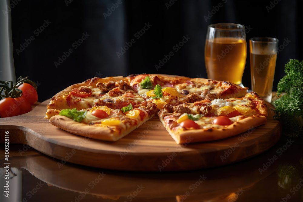pizza on wooden tray