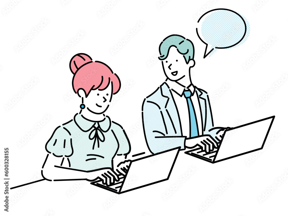 An office worker man and woman sitting side by side and working on laptops. An office worker man and woman sitting side by side and working on laptops.