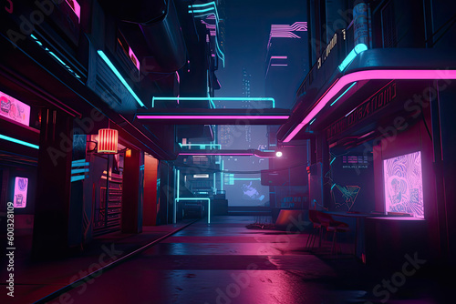 Entrance to metaverse virtual world with cyberpunk neon ligthing color scheme