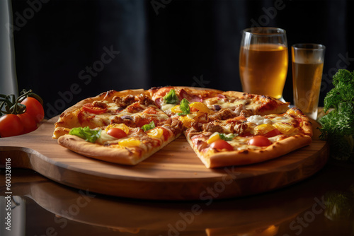 pizza on wooden tray