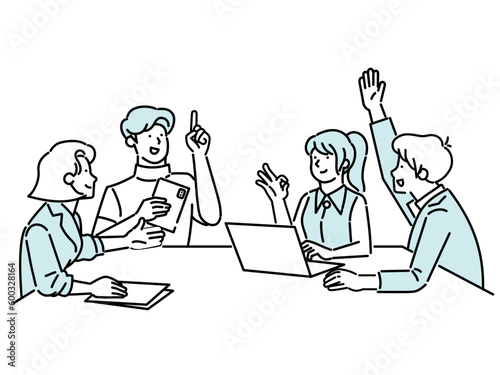 A group of office workers gathered in a conference room for a meeting. Man and woman 