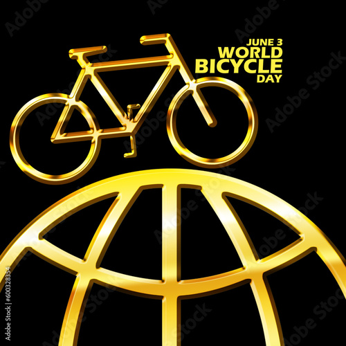 Gold bicycle icon with golden earth and bold text isolated on black background to commemorate World Bicycle Day on June 3