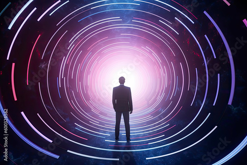Futuristic 3D render a businessmen standing in the center of a glossy tunnel in an outer space against nebula