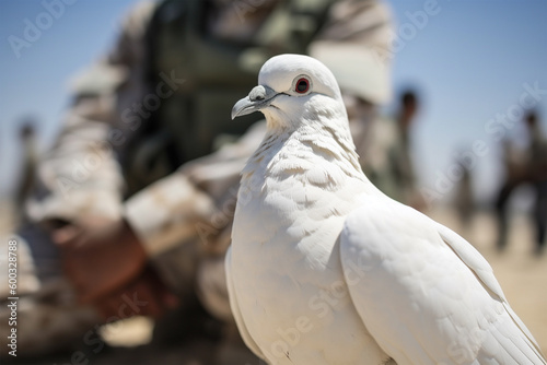 White peace dove with soldier in background. Generative AI illustration