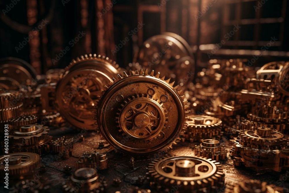 Vintage gold and industrial gears - dynamic steampunk backdrop -. Generative AI
