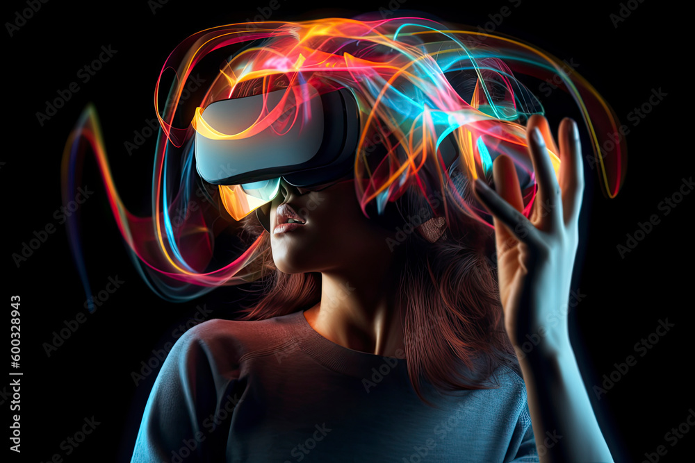 Abstract image of woman using VR headset - 3D generated image Abstract image of woman using VR headset - 3D generated image