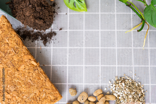 Ingredients for transplanting domestic plants, soil composition, drainage, coconut briquette and coconut chips, vermiculite and peat, a sprout of Adanson's monstera with roots on the table, top view photo