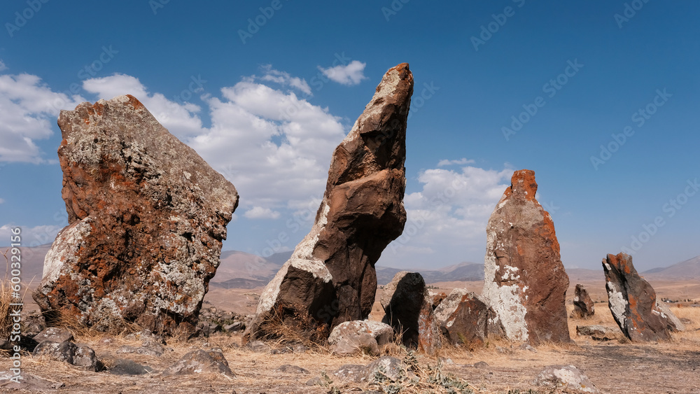 Megalithic archaeological site  Carahunge (Zorats Karer) on sunny autumn day. Sisian, Syunik Province, Armenia.