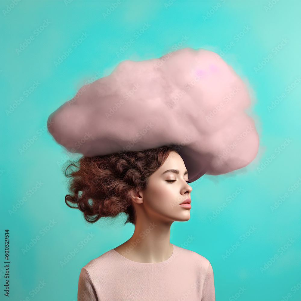 A faceless woman who has a big, thick, white cloud instead of a face. The world of imagination and thinking. Abstract portrait. Pastel background. Illustration, Generative AI.
