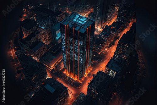 Aerial view of urban skyscraper in city illuminated (Generative AI)