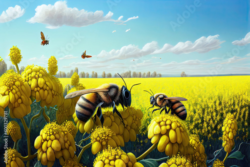 Many bees flying in canola flower field in summer (Generative AI)