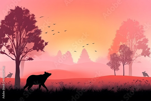 Magic misty forest in silhouette of bear. Trees  deer on meadow in grass  birds. Pink and orange wild landscape