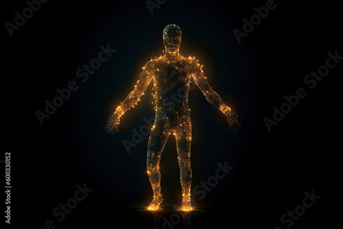 Man figure consisting of glowing pixels runs through darkness