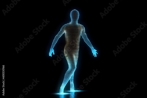 Man figure consisting of glowing pixels runs through darkness