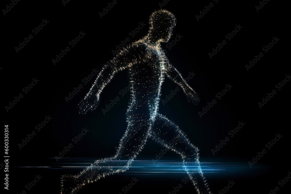 Man figure consisting of glowing pixels runs through darkness Man figure consisting of glowing pixels runs through darkness