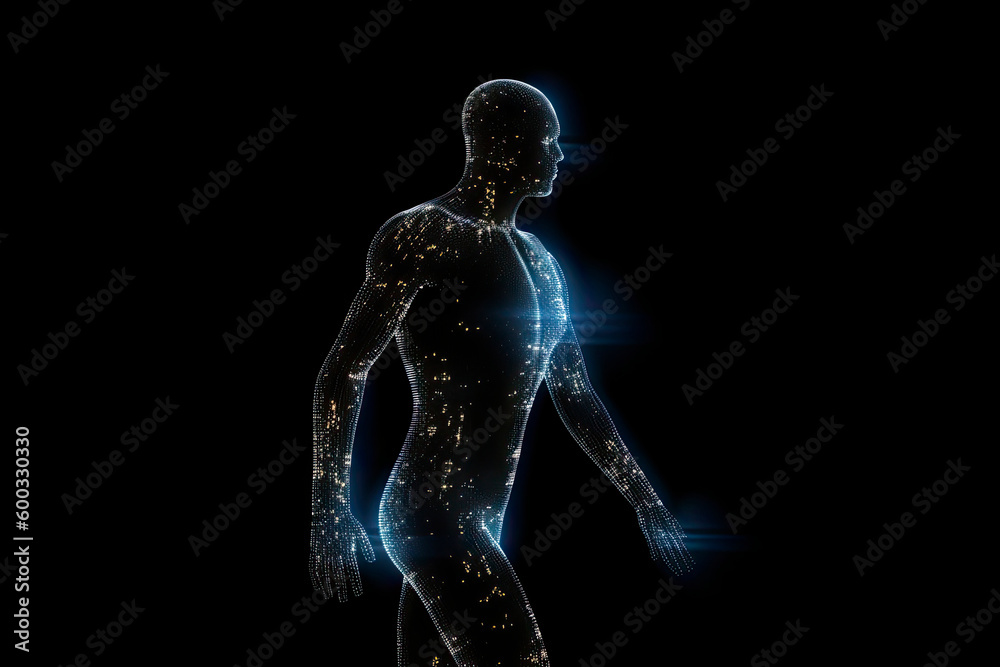 Man figure consisting of glowing pixels runs through darkness Man figure consisting of glowing pixels runs through darkness