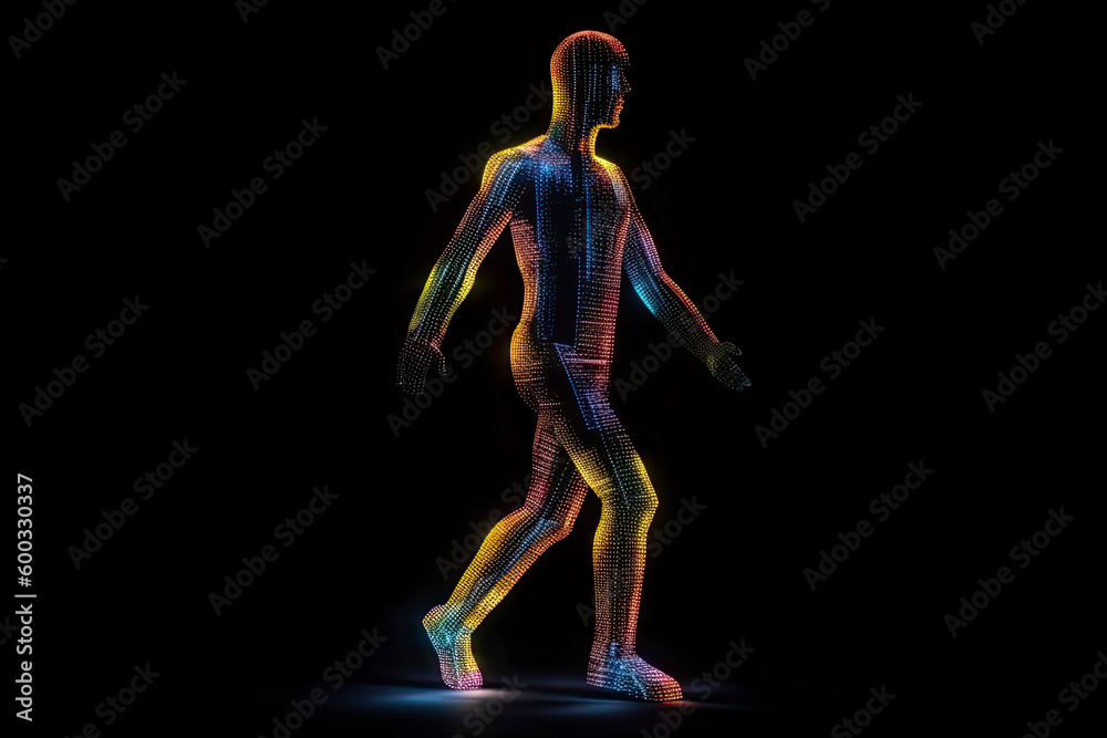 Man figure consisting of glowing pixels runs through darkness