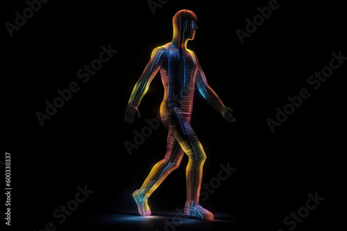 Man figure consisting of glowing pixels runs through darkness © rufous
