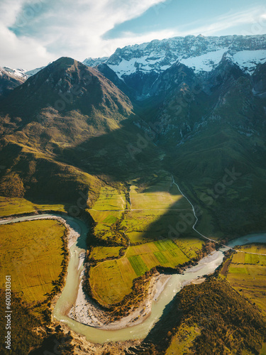 Aerial view Vjosa river bend and mountains landscape in Albania wilderness nature drone scenery travel Balkans beautiful destinations