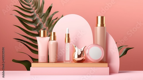 Cosmetics bottle on pink podium, vector 3d ad of beauty products for skin and hair care. Display platform, scene or pedestal with cream and shampoo bottles on background with palm leaves shadows. AI