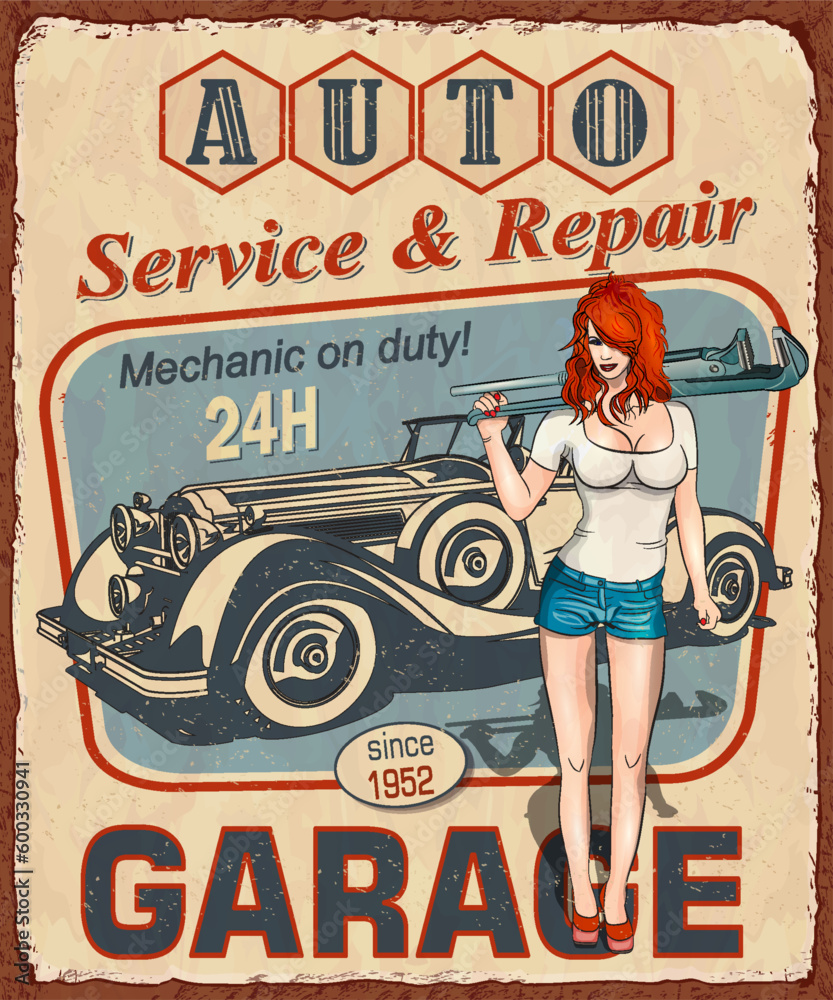 Vintage Garage poster with retro car and attractive girl with wrench. 