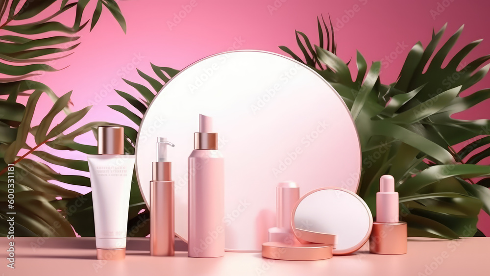 Cosmetics bottle on pink podium, vector 3d ad of beauty products for skin and hair care. Display platform, scene or pedestal with cream and shampoo bottles on background with palm leaves shadows. AI