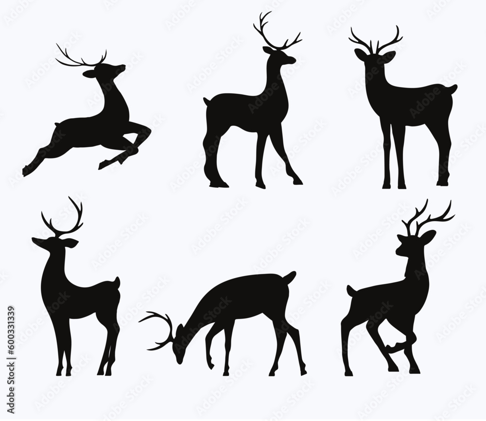 Black silhouette of sika deer reindeers with antlers. Black silhouette of sika deer reindeers with antlers.