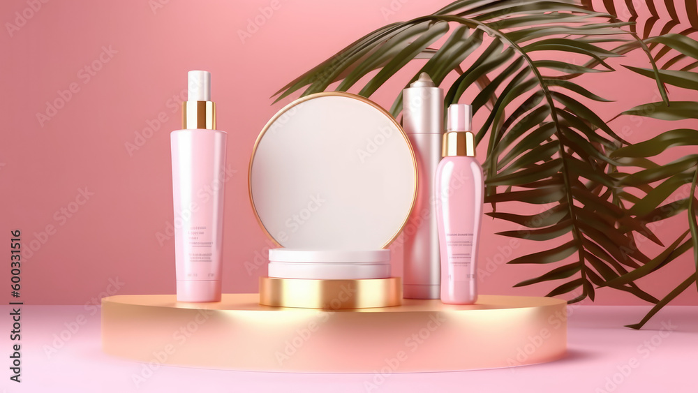 Cosmetics bottle on pink podium, vector 3d ad of beauty products for skin and hair care. Display platform, scene or pedestal with cream and shampoo bottles on background with palm leaves shadows. AI
