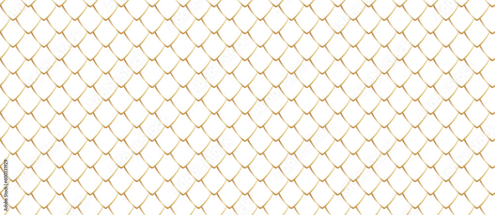 Dragon golden scale seamless pattern. Snake squama. Fish, mermaid, reptile scale background. Simple abstract dinosaur or dragon skin seamless pattern. Vector liner illustration on white background.