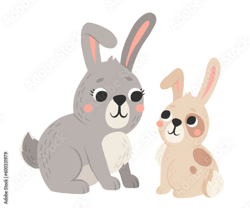 Icon of cute mommy and baby rabbit in cartoon style. Bunny pet silhouette. Hare mom and kid colorful illustration for childrens book, postcards and posters.