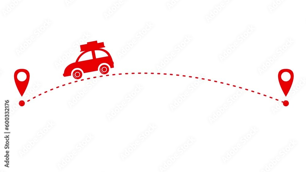 Animated red the car drives along a trajectory. Travel concept by car ...
