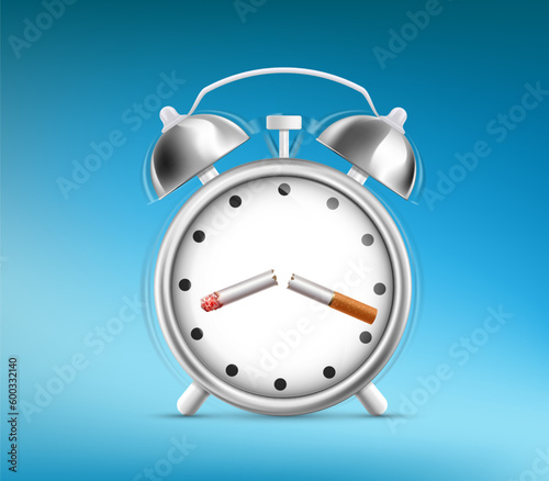 Broken cigarette against a ringing alarm clock. Time to quit smoking. Vector illustration
